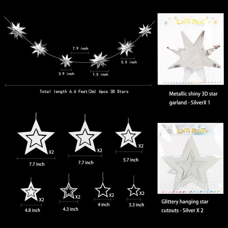 Decor365 Glitter Silver Star Garlands Kit Metallic 3D Star Hanging Paper Garland Multi-shaped Twinkle Star Birthday Party supplies Wedding Baby Shower Christmas Decorations for Nursery Kids Boys Girls Room - Image 2
